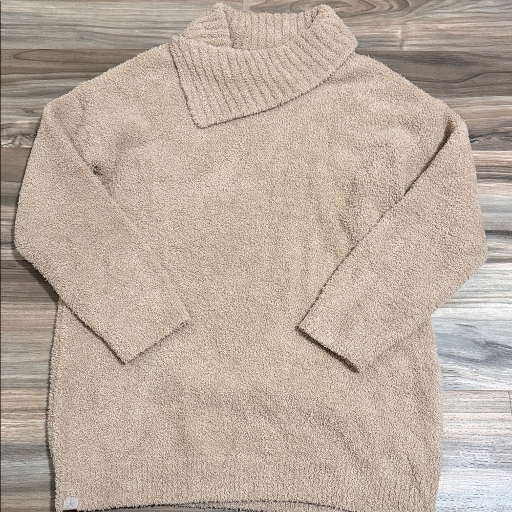 Barefoot Dreams CozyChic Teddy Cowl Neck Tunic Sweater Biscotti Women’s Sz. M